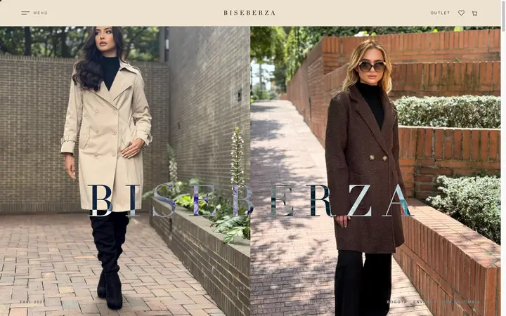 La portada de biseberza.com en computador: dos fotos de abrigos de temporada y el nombre de la tienda encima.