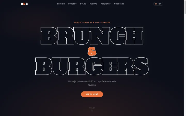La portada de brunch-and-burgers.com en computador, con el nombre grande y el botón “Ver el menú”.