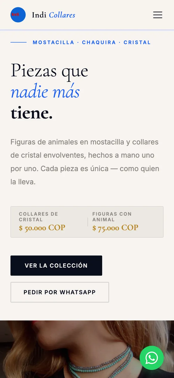 La misma web de Indi Collares en el celular.
