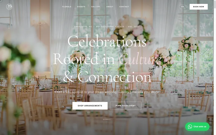 La portada de ML Events & Florals en computador: un salón de bodas con flores y “Celebrations Rooted in Culture & Connection”.