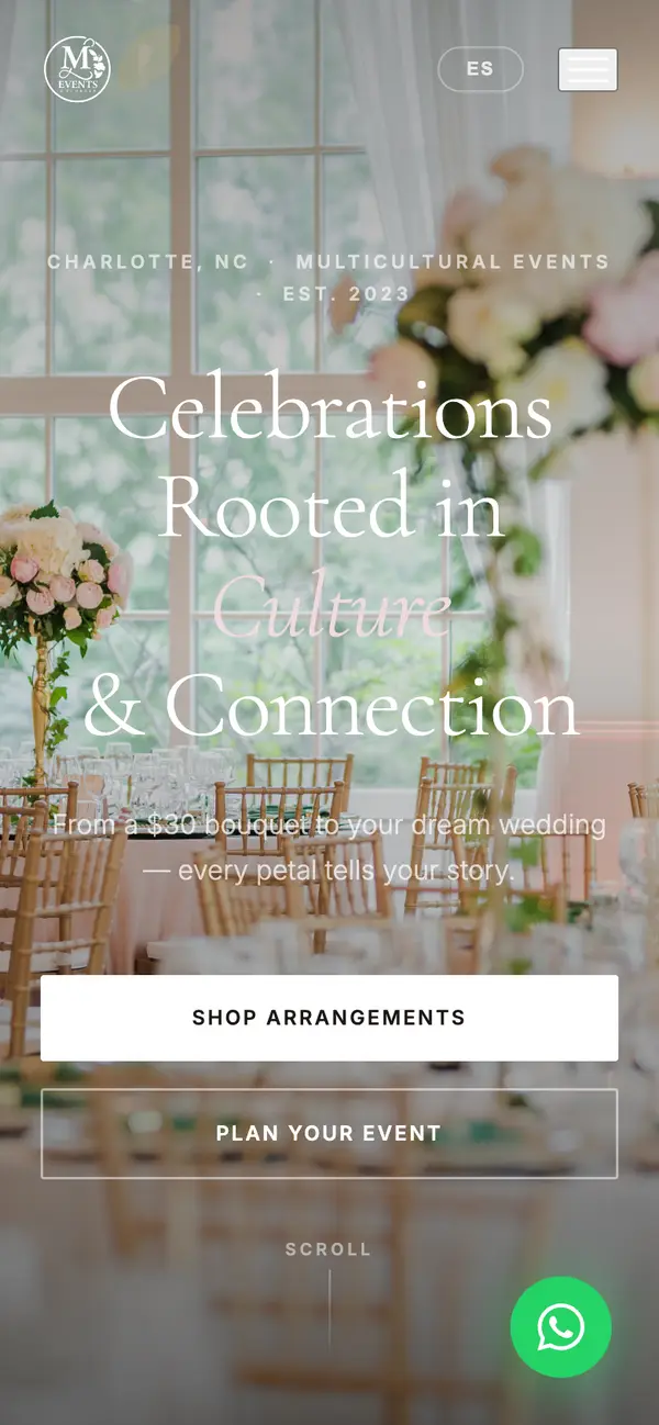 La misma web de ML Events & Florals en el celular.